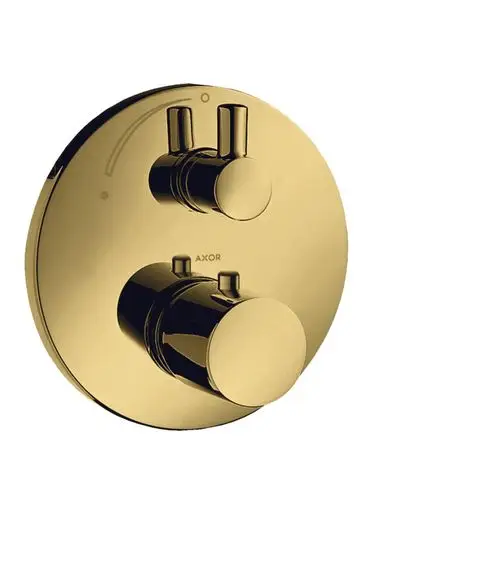 Thermostat zur Unterputzmontage in goldener Optik, ausgestattet mit zwei Bedienelementen, bereit zur Nutzung für Wassersteuerung, Marke AXOR.